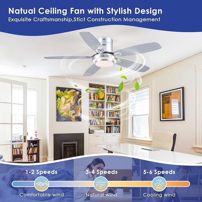 Hounberi 50 Inch Low Profile Ceiling Fans with Lights and Remote, Modern Brushed Nickel Flush Mount Ceiling Fan, 3CCT, Dimmable, Quiet DC Reversible Motor, for Bedroom Living Room Indoor/Outdoor Use