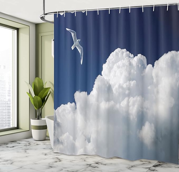 Ambesonne Seagulls Shower Curtain, Fluffy Cloudy Sky and Flying Bird Sunny Forecast Cloudscape Freedoom Inspired Scenic Image, Cloth Fabric Bathroom Decor Set with Hooks, 69" W x 70" L, Blue White