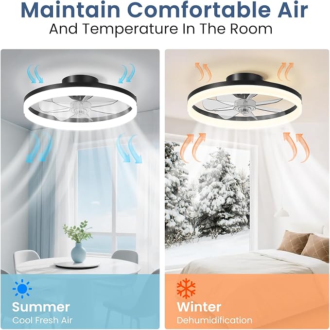 CHAREADA Ceiling Fan with Light, 20" Modern Low Profile Foldable Ceiling Fans with 6 Wind Speeds, Dimmable Smart Ceiling Fan Light with Remote for Bedroom, Kids Room and Living Room(Black)