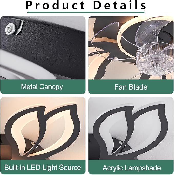 Modern Ceiling Fans with Lights, Low Profile Ceiling Fan with Remote for Bedroom, Flush Mount Ceiling Fan with LED Dimmable Light,3-Colors, 6-Speeds, Timing CeilingFan Light-Black Leaves