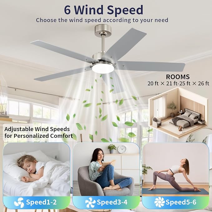 52 Inch Ceiling Fans with Lights and Remote for Bedroom Living Room Kitchen Home Office Indoor/Outdoor, 18W 3CCT Dimmable, Dual Color 5 Blades 6 Speed Reversible Quiet DC Motor, Sand-nickel/Wood Grain