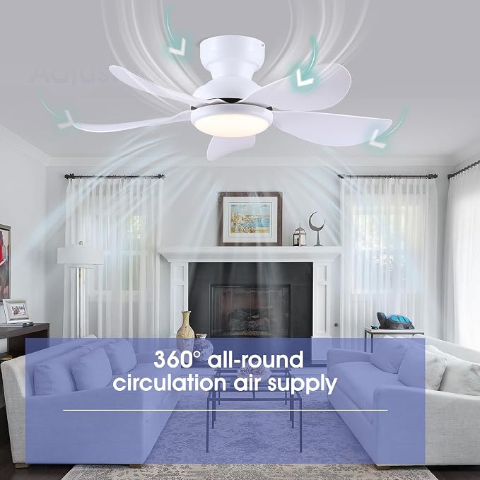 Kviflon 36 Inch Modern Ceiling Fans with Lights, Small Flush Mount Ceiling Fans, Remote/APP Control, 5 Reversible Curved Blades, 6 Speeds, 3 CCT Dimmable Lights for Kitchen Bedroom, White