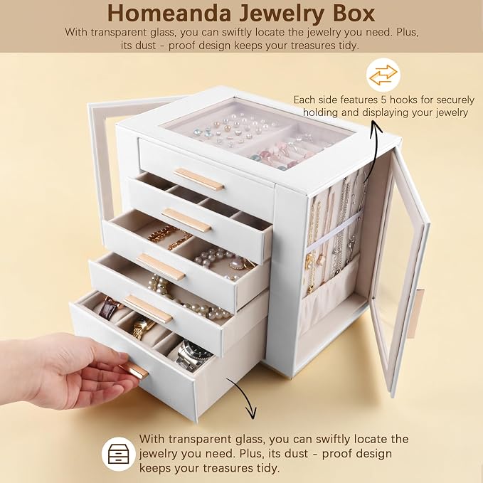 Homeanda Jewelry Box for Women with Glass Lid, 5 Drawers Jewelry Organizer and Storage for Necklaces, Rings, Earrings, Bracelets, Gift for Girls and Teens,PU Leather (White)
