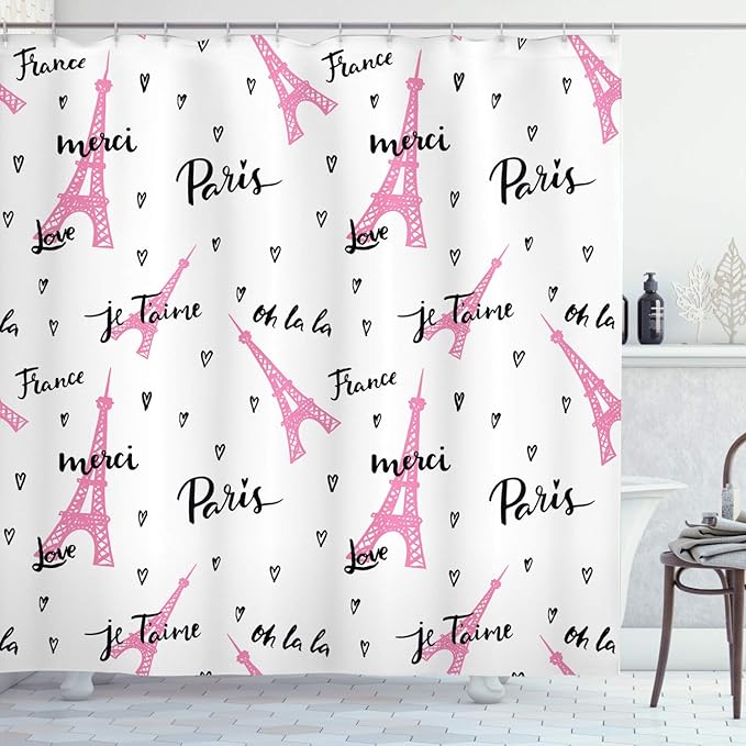 Ambesonne Eiffel Tower Shower Curtain, France Paris Oh La La Eiffel Tower Hearts Calligraphy Doodle Style Artwork, Cloth Fabric Bathroom Decor Set with Hooks, 69" W x 70" L, Black Pink