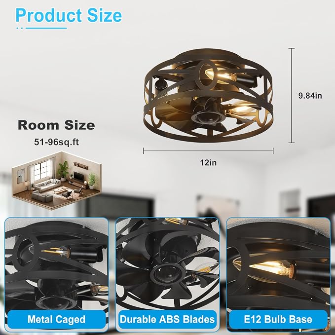 Depuley Flush Mount Ceiling Fan: 12" Caged Ceiling Fans with Remote Control for Patio Kitchen Bedroom - Low Profile Fandelier Lights Fixture Reversible 6 Speed Timer Black 3*E12 Bulb Not Included