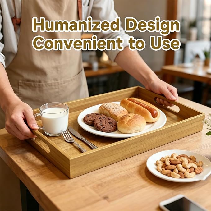 17 x 12 Inch Acacia Wood Large Serving Tray with Handles | Large Wood Tray for Drinks, Food, Ottoman & Breakfast in Bed, Leather Mat Included
