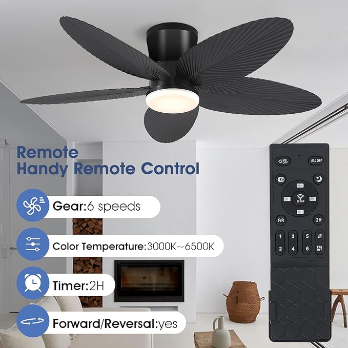Surtime Palm Leaf Ceiling Fans with Lights-42 Tropical Ceiling Fan with Light and Remote/APP Control,Flush Mount Low Profile Black Ceiling Fans for Bedroom,Indoor/Outdoor Patio Use
