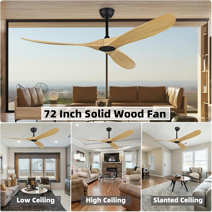 72 Inch Large Ceiling Fan, Reversible DC Motor Ceiling Fan Without Light, Can Set Time 1H/4H/8H, Suitable for Living Room, Dining Room, Office, Outdoor Terrace (Natural Wood, 72 inch)