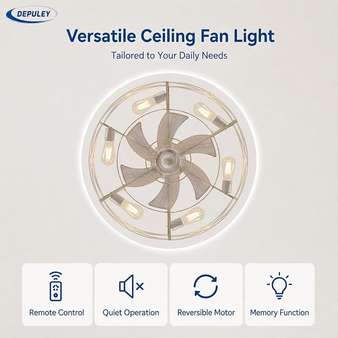 Depuley Caged Ceiling Fans with Light: 24-Inch Cement Enclosed Farmhouse Fandelier for Kitchen Bedroom - Industrial Semi Flush Mount Ceiling Fan with Remote 6 Speeds Reversible Motor Timer