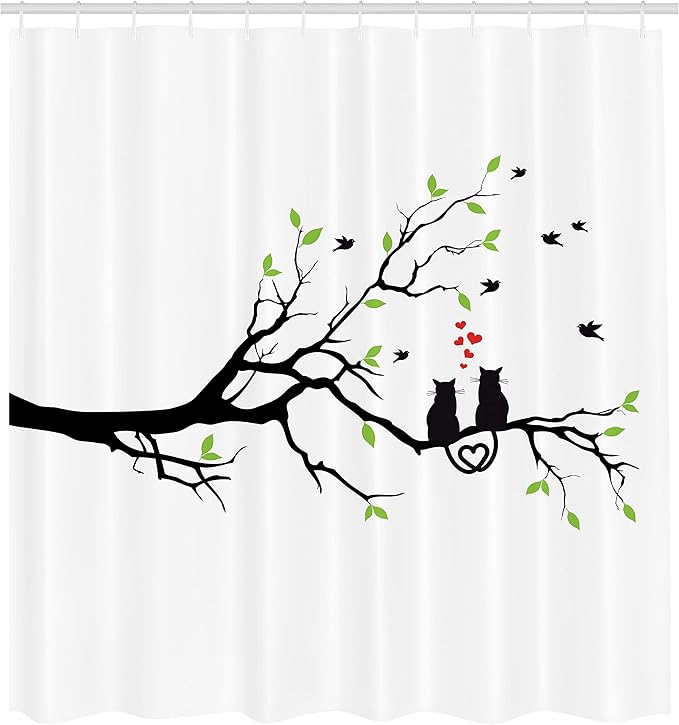 Ambesonne Cat Lover Shower Curtain, Cats in Love on Tree Branch with Flying Birds Nature Romance Illustration, Cloth Fabric Bathroom Decor Set with Hooks, 69" W x 84" L, Lime Green