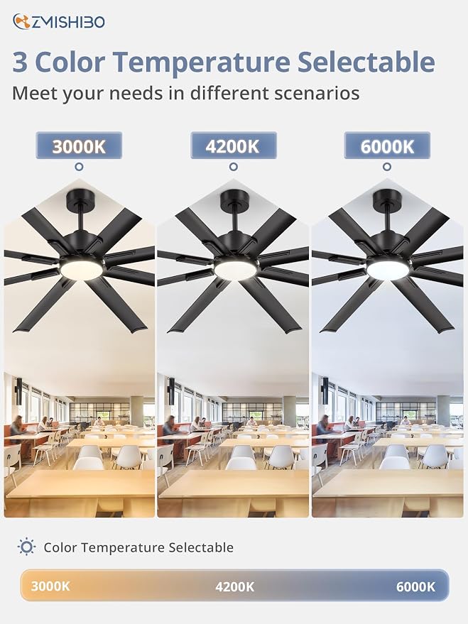 ZMISHIBO 72" Large Ceiling Fan with Lights, 8 Aluminum Reverisble Blades, Industrial Ceiling Fans with 3CCT, Quiet DC Motor, 6-Speed Remote, Indoor/Outdoor Ceiling Fans for Patios/Garage/Porch, Black