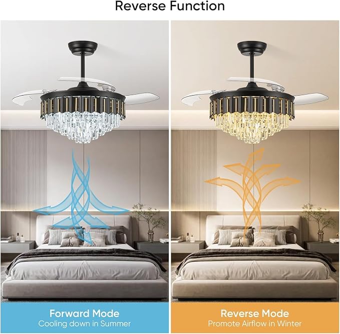48 Inch Fandelier Ceiling Fan with Light, Chandelier Ceiling Fan for Bedroom Living Room, LED Dimmable, 6-Speed Reversible Motor, Timer & Memory Function-Black