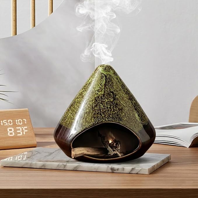 Handcrafted Ceramic Palo Santo Holder –Artistic Incense Burner for Meditation, Mindfulness & Zen Home Decor – Wabi-Sabi Style Cone Sculpture, Relaxation & Aromatherapy-Gift for Yoga (Green)