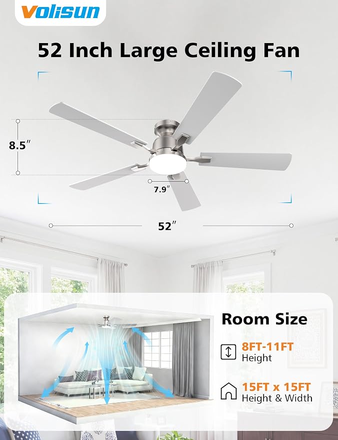 VOLISUN 52 Inch Ceiling Fan with Lights Flush Mount, Low Profile Ceiling Fans with Lights, Remote&APP Control,Dimmable 22W LED Light,Queit&Reversible Fan, Ceilings Fans for Bedroom, Living Room,Nickel