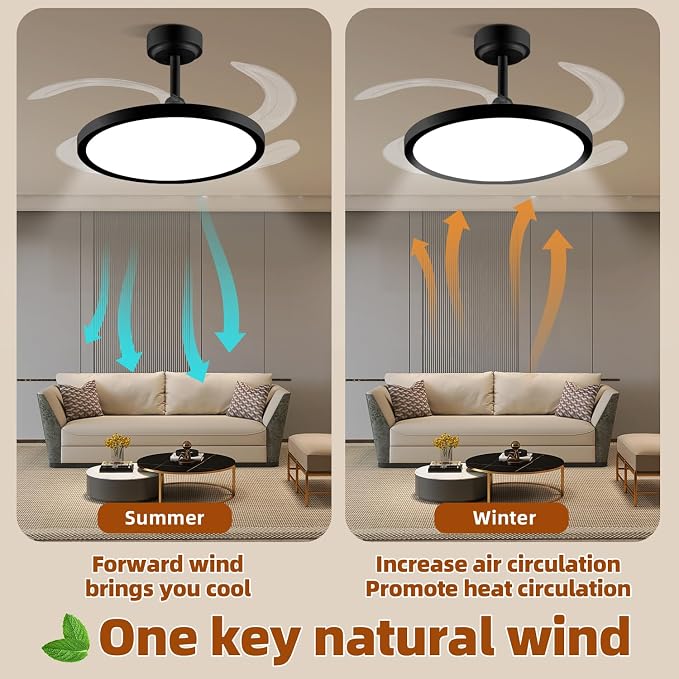 BAYSQUIRREL Slim Retractable Ceiling Fan with Lights and Remote/APP Control,6 Speed Dimmable Reversible Memory Ceiling Fan,42 inch Modern Silent Smart Ceiling Fans for Bedroom Living Room Dinning Room