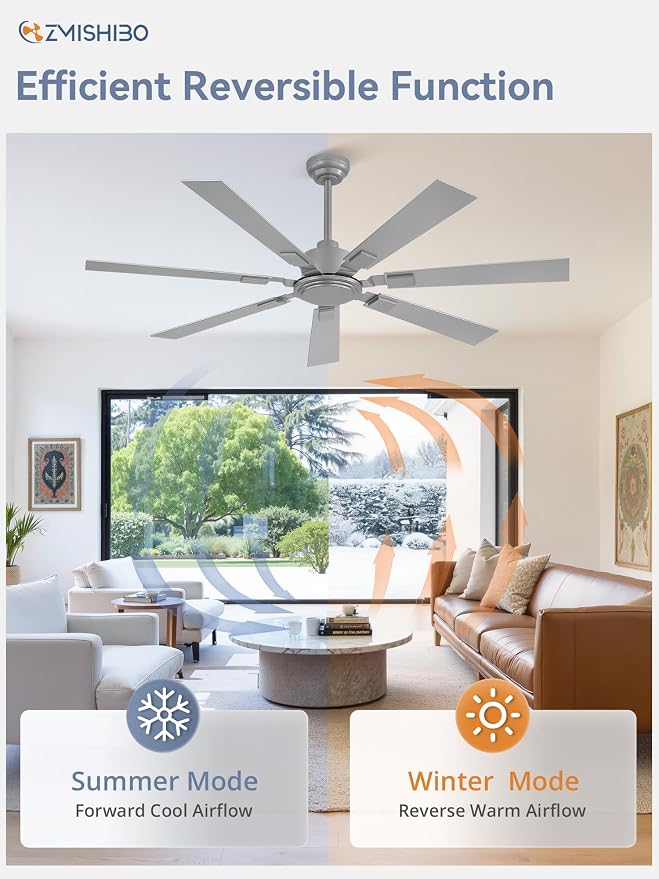 ZMISHIBO 60“ Ceiling Fans No Light with Remote, Silver Modern Ceiling Fan Without Light, Quiet Reversible DC Motor, 6 Speeds, 7 Blades Indoor/Outdoor Ceiling Fan for Living Room Bedroom Patio Garage