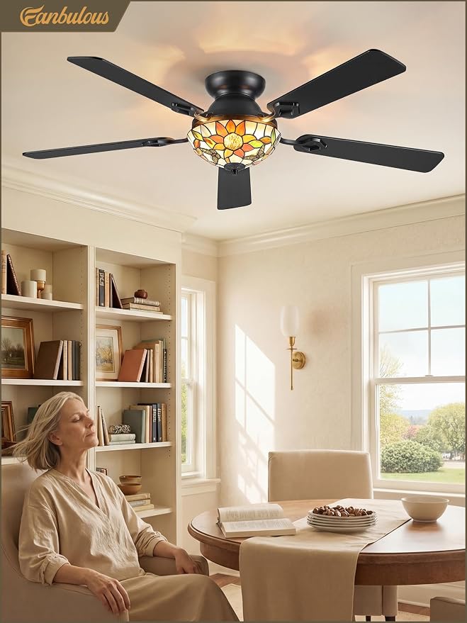 Fanbulous 52" Tiffany Sunflower Ceiling Fan, Dimmable Stepless Color LED