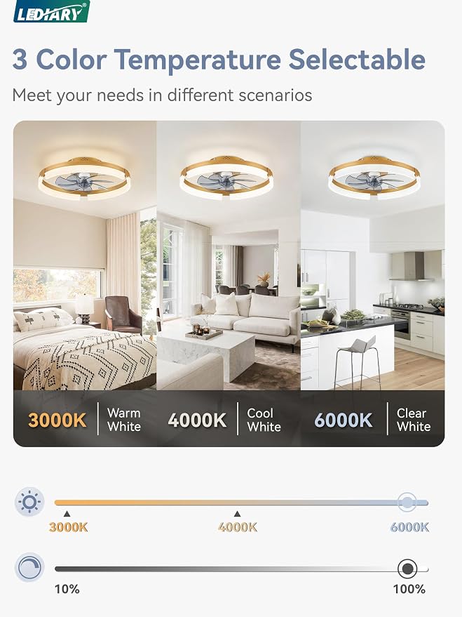 LEDIARY 19.7 Inch Low Profile Ceiling Fans with Lights and Remote, 6 Speeds, 3 CCT, Reversible, Dimmable Flush Mount Fan Light, Modern Ceiling Fan with Light for Bedroom, Gold