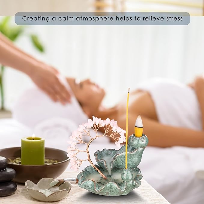 Incense Waterfall Moon Backflow Incense Burner Ceramic Incense Holders Rose Stone Crystal Tree Incense Holder Namaste Yoga Meditation and Home Decor