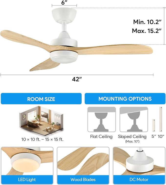 VONLUCE Wood Ceiling Fan with Lights, 42 Inch Ceiling Fan and Remote, 6-Speeds Quiet Reversible DC Motor, 3CCT, 3 Blades Outdoor Ceiling Fan for Patios Farmhouse, White