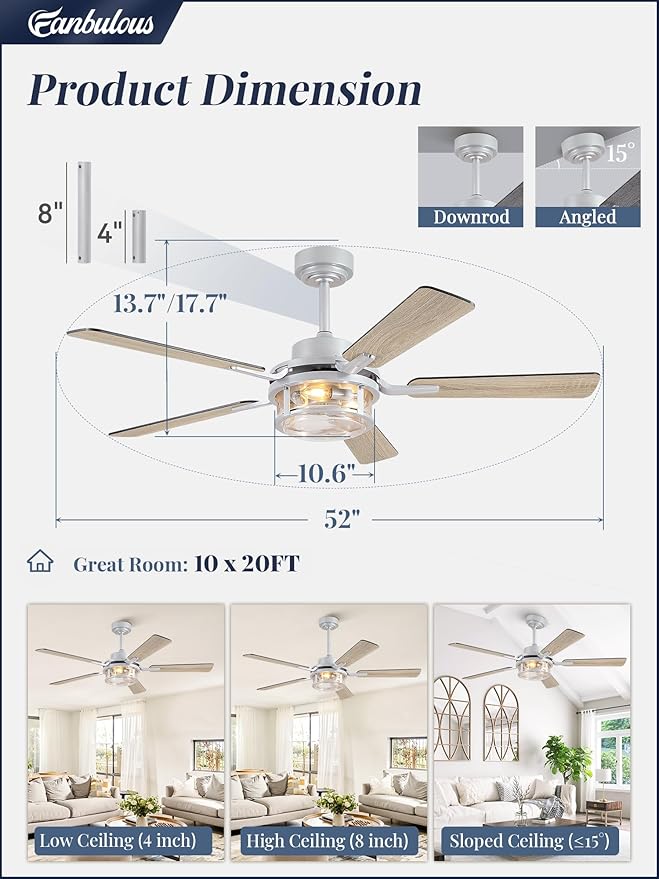 Fanbulous 52 Inch Ceiling Fan with Light and Remote,Downrod Mount Farmhouse Ceiling Fan for Bedroom, Quiet 6-Speed Reversible DC Motor, Rustic White & Wood Finish Blades