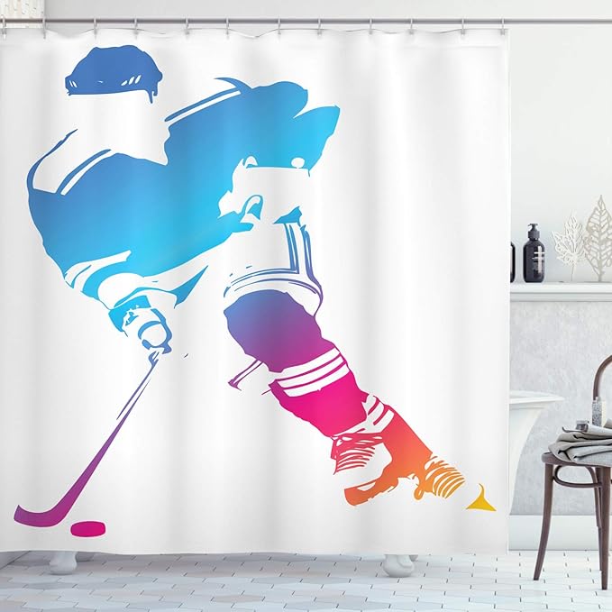 Ambesonne Sports Shower Curtain, Colorful Man Silhouette of a Hockey Player Athlete Racing Team Play, Cloth Fabric Bathroom Decor Set with Hooks, 69" W x 70" L, Magenta Orange