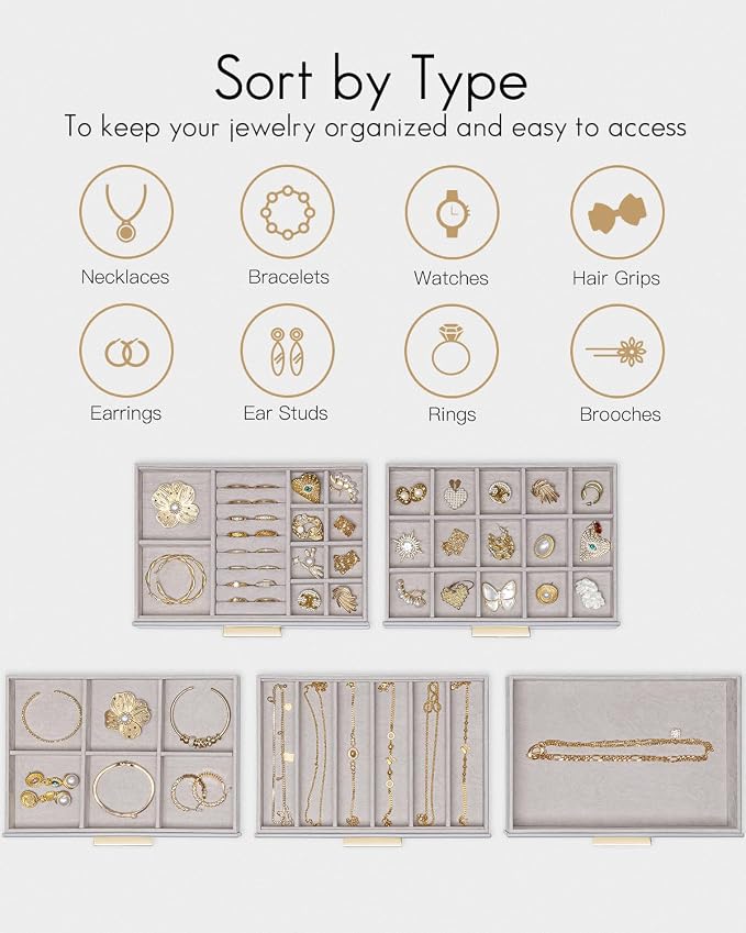 VLANDO 5 Layer Jewelry Box for Women, Glass Lid Jewelry Organizer with 5 Drawers for Necklaces Rings Earrings Bracelets - Grey