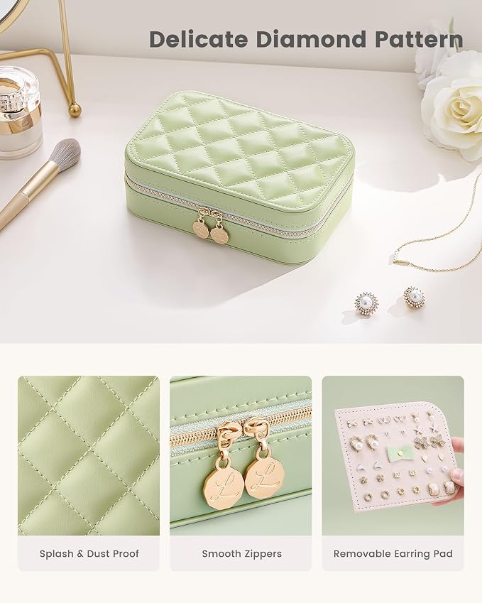 Lolalet Travel Jewelry Case for Women Girls, PU Leather Jewelry Organizer with Clear Storage Bag Small Portable Jewelry Box for Necklace Bracelet Earring Ring Birthday Bridesmaid Gifts -Medium/Green