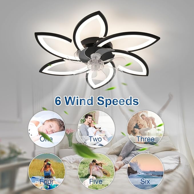 30" Geometric Ceiling Fan with Light Remote Control, 6 Speeds 3 Colors, Black Low Profile Flush Mount Ceiling Fan for Bedroom Kitchen Living Room