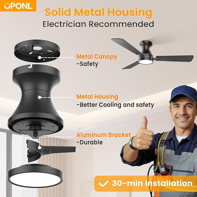 OPONL Ceiling Fan with Light, 42 inch Low Profile Ceiling fan with Light and Remote Control, Reversible, 6CCT, Dimmable, Noiseless, Black Ceiling Fan for Bedroom, Indoor/Outdoor Use, Modern