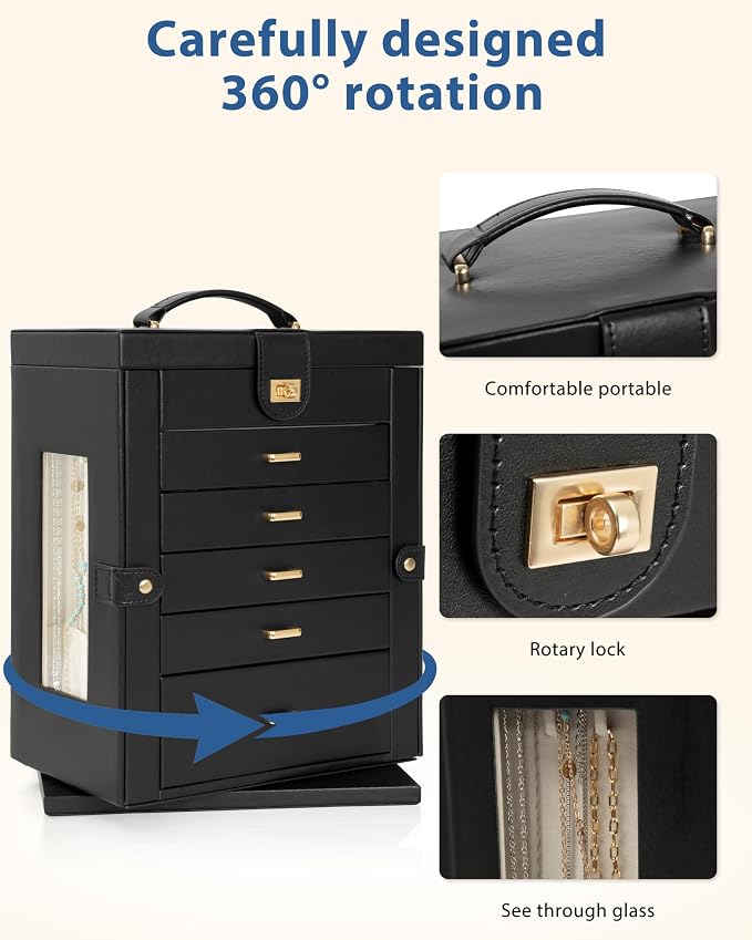 AKOZLIN 6-Tier Jewelry Box Organizer Functional 5 Drawers Leather Jewelry Storage Case for Women Girls Ring Necklace Earring Bracelet Holder Organizer with Mirror XL Black 360° Rotating