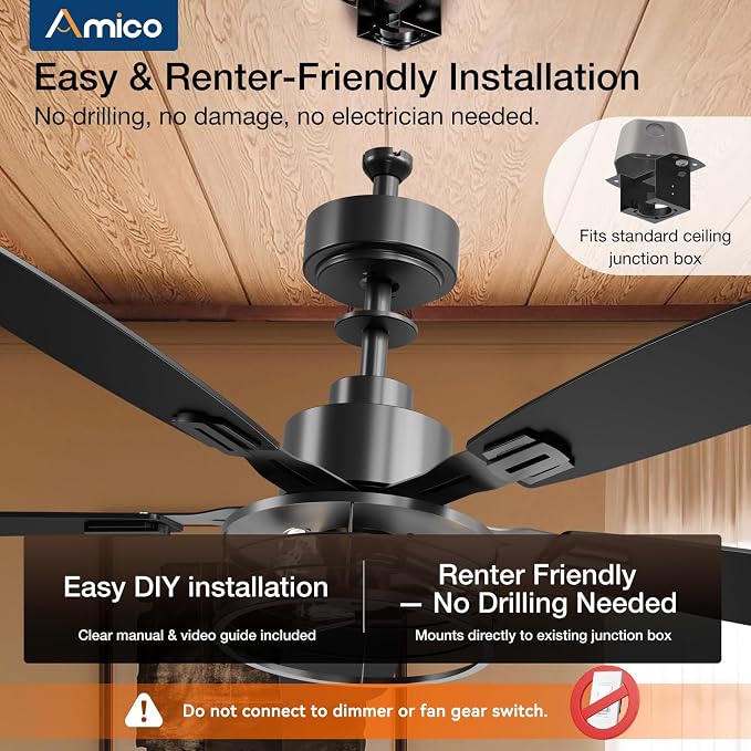 Amico 52 inch Ceiling Fans with Lights, Caged Ceiling Fan with Light and Remote Control, Dimmable, 3CCT, Quiet, Black Farmhouse Ceiling fan For Living Room, Patio, Bedroom, Kitchen, Indoor/Outdoor Use