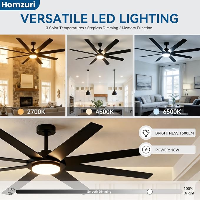 72 Inch Ceiling Fans with Lights, Large Ceiling fan with Light and Remote/APP Control, 3CCT, Dimmable, Noiseless DC Reversible Motor, 8 Blades Black Ceiling Fan for Bedroom Living Room Outdoor