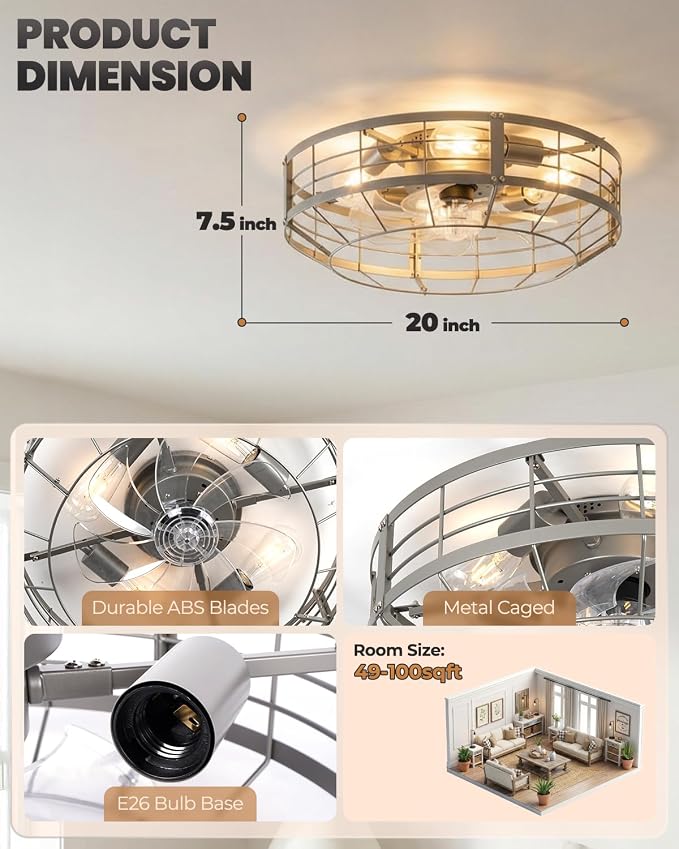 20 Inch Caged Ceiling Fan with Lights, Remote Control Flush Mount Fan Lights Ceiling Fixtures, E26 Base 6 Speeds Bladeless Ceiling Fans with Lights for Indoor House Kitchen Bedroom, Silver