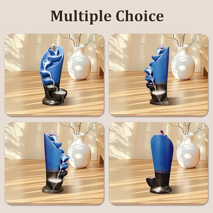 YYW Backflow Incense Burner Holder Handmade Statue Decor Fountain Waterfall Incense Holder with 20 Backflow Incense Cones 30 Incense Sticks 1 Tweezer 1 Mat for Indoor Meditation Yoga (Navy Blue)