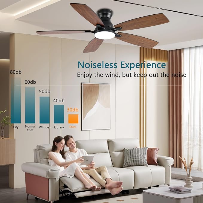 JSAITEE Ceiling Fans with Lights, 52 Inch Low Profile Ceiling Fan with Light and Remote Control, Flush Mount, DC Reversible Motor, Noiseless, Brown 6 Speeds Ceiling Fan for Bedroom
