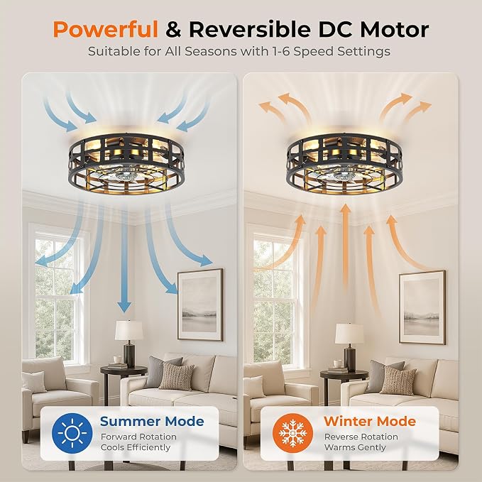 Black 20" Caged Ceiling Fan with Light and Remote, Farmhouse Low Profile Flush Mount Fandelier, Bladeless Ceiling Fans 6 Speeds Reversible, Fan Light Fixture for Bedroom, Living Room, Kitchen