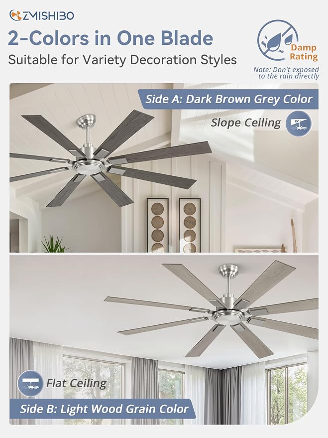 65 Inch Brushed Nickel Modern Ceiling Fan No Light with Remote, Outdoor Ceiling Fans Without Light with Quiet Reversible DC Motor, 6 Speeds, 8 Blades Large Ceiling Fan for Patios, Living Room, Garage