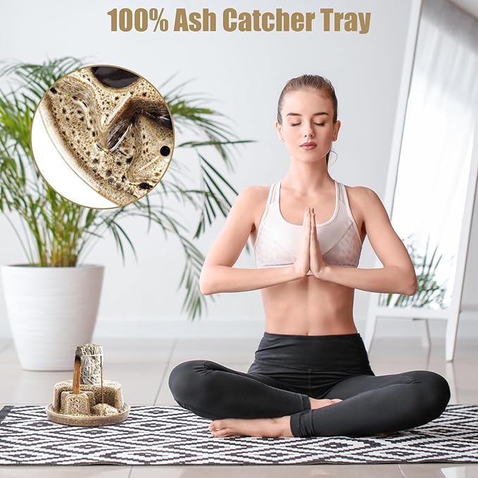 4 in 1 Incense Holder, Palo Santo Holder, Ceramic Incense Burner, Ash Catcher Tray for Meditation Room, Candle Holder for Burning Sage (Speckled Beige)