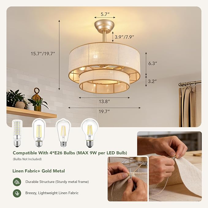 20" Boho Ceiling Fan Light and Remote, Fabric Chandelier Ceiling Fan Light, Caged Fandelier with Lights Flush Mount, 6 Wind Speeds Enclosed Ceiling Fan for Bedroom, Living Room, Dining Room