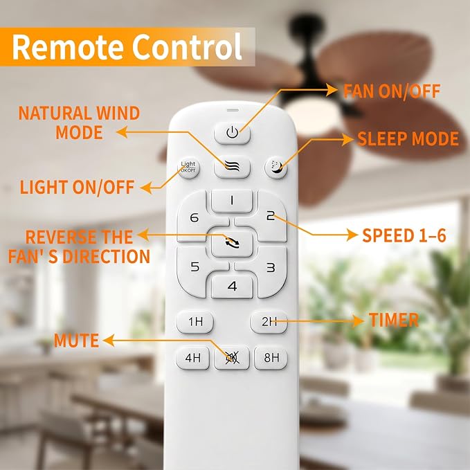 52" Modern Tropical Ceiling Fan with Light and Remote for Bedroom | LED Dimmable Tri-Color Temperature, 5 Blade Ceiling Fans Reversible, 6 Speeds w/Quiet DC Motor, living room, bedroom, kitchen