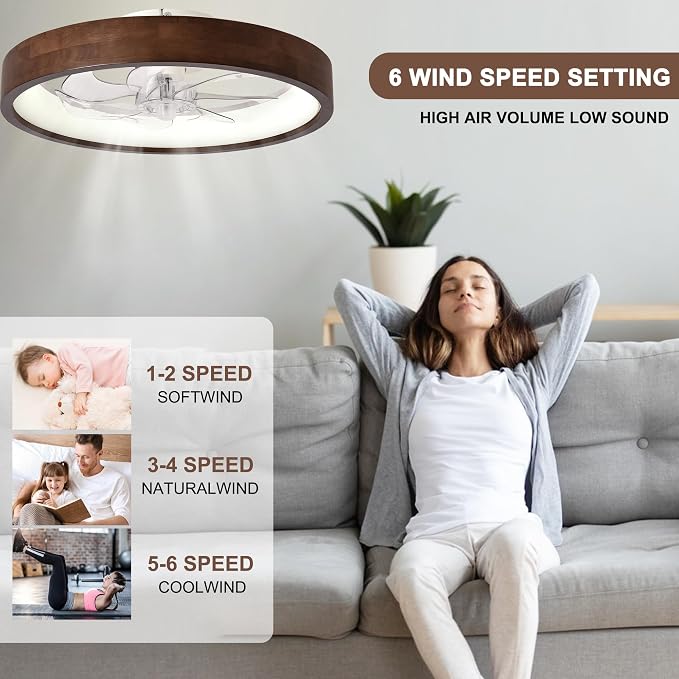 20” Modern Dark Wooden Flush Mount Low Profile Ceiling Fans with Lights | 3 Color Dimmable LED,6 Speeds,Reversible DC Motor Ceiling Fan with Light and Remote for Bedroom/Kidsroom/Dinng Room