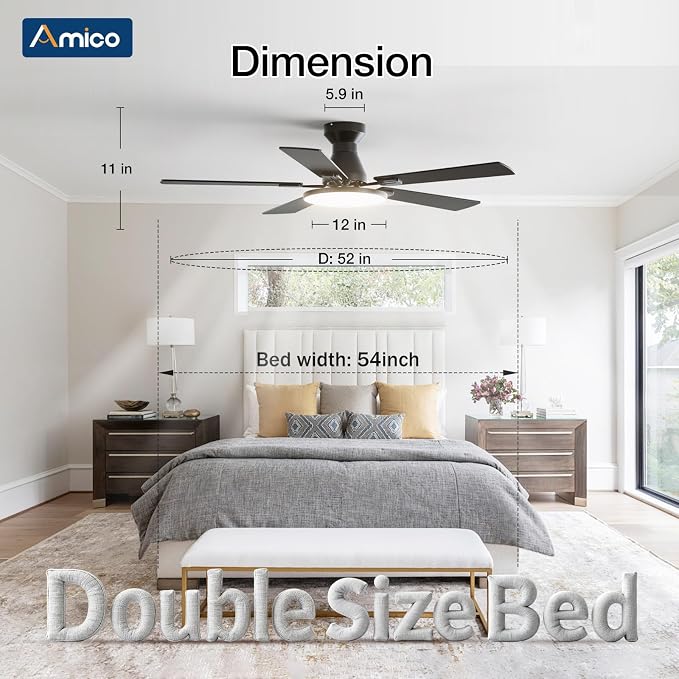 Amico Ceiling Fans with Lights, 52 inch Smart Ceiling Fan with Remote/APP/Alexa Control, Flush Mount, Reversible DC Motor, 5 Blades, 6 Speeds, 3CCT, Dimmable, Noiseless, Bedroom, Living Room, Black