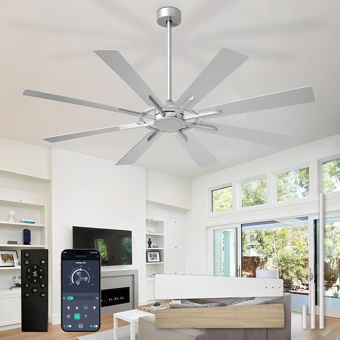 Large Ceiling Fan No Light: Modern 66 Inch 8 Blade Outdoor Ceiling Fans with Remote APP Control - Silver Big Fan without Light Indoor Reversible 6 Speed Quiet DC Motor