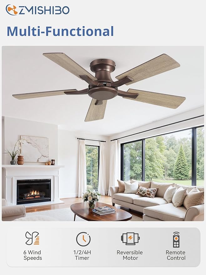 ZMISHIBO 42 Inch Ceiling Fan No Light, Flush Mount Low Profile, Farmhouse Brown Ceiling Fan Without Light, Remote Control & Quiet DC Motor, for Indoor&Outdoor, Bedroom, Living Room