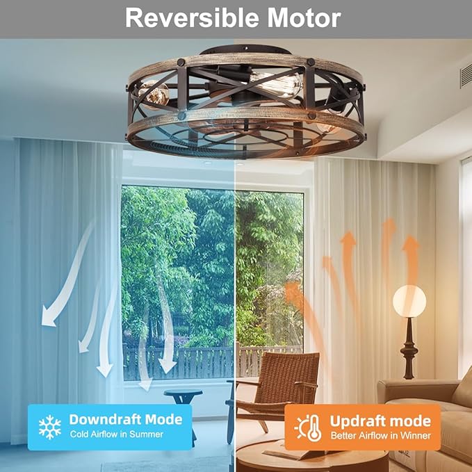SHLUCE 19" Farmhouse Flush Mount Caged Ceiling Fans with Lights, Fandelier Rustic Low Profile Ceiling Fan with Light and Remote, Small Bladeless Ceiling Fans with Lights for Kitchen, Bedroom - ETL
