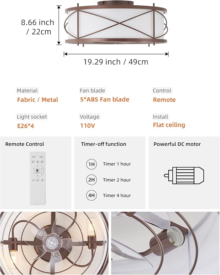 Brown Flush Mount Farmhouse Ceiling Fan with Lights, 20" Caged Rustic Ceiling Fans with Light and Remote, Enclosed with 6 Speeds for Living Room, Bedroom, Nursery
