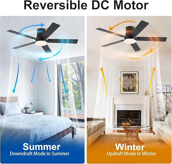 Rayqueen 52 Inch Flush Mount Black Ceiling Fans with Lights and Remote | 6 Speed Reversible DC motor,3-color temperature dimmable LED.For indoor/covered outdoor.Modern style for bedroom room