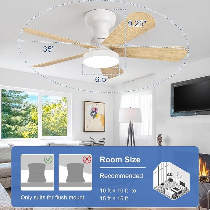 Depuley Small Ceiling Fan with Lights: 35-Inch Flush Mount Fan with Light and Remote - Low Profile Ceiling Fans Reversible Quiet DC Motor for Bedroom Living Room Indoor Outdoor, Wood Color