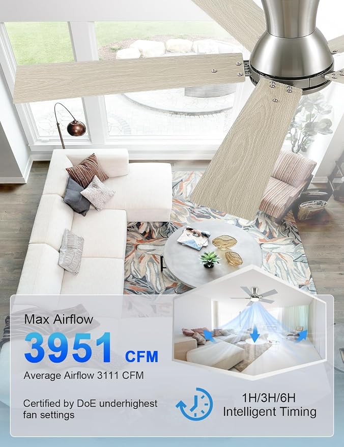 42 Inch Ceiling Fans with Lights and Remote, Brushed Nickel Flush Mount Low Profile Ceiling Fan for Bedroom, Patio, Reversible DC Motor, 6-Speed Quiet LED Dimmable, ETL Listed